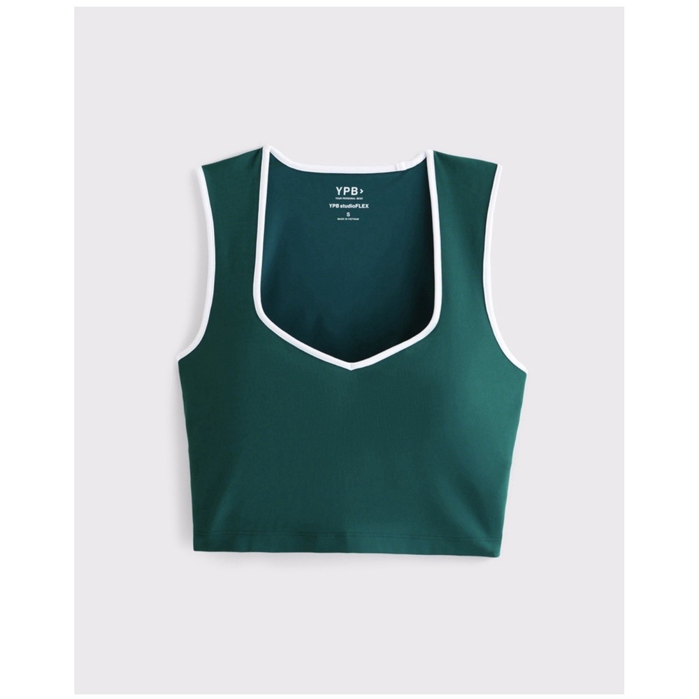 Abercrombie YPB studioFLEX Portrait Tank Women M Green White Trim Cropped Preppy